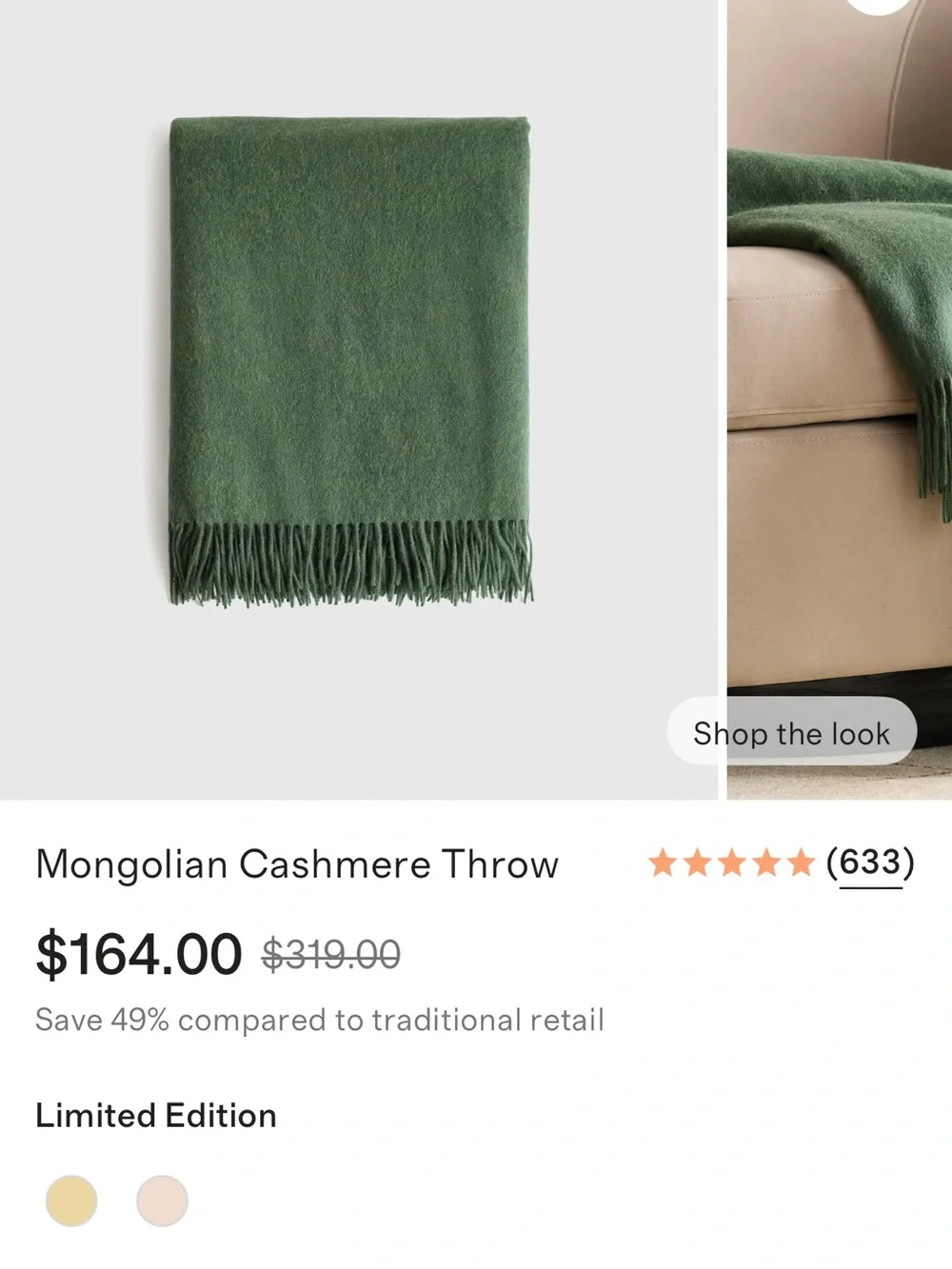 Quince Mongolian Cashmere Throw - Green, 50x70 - Retail $164